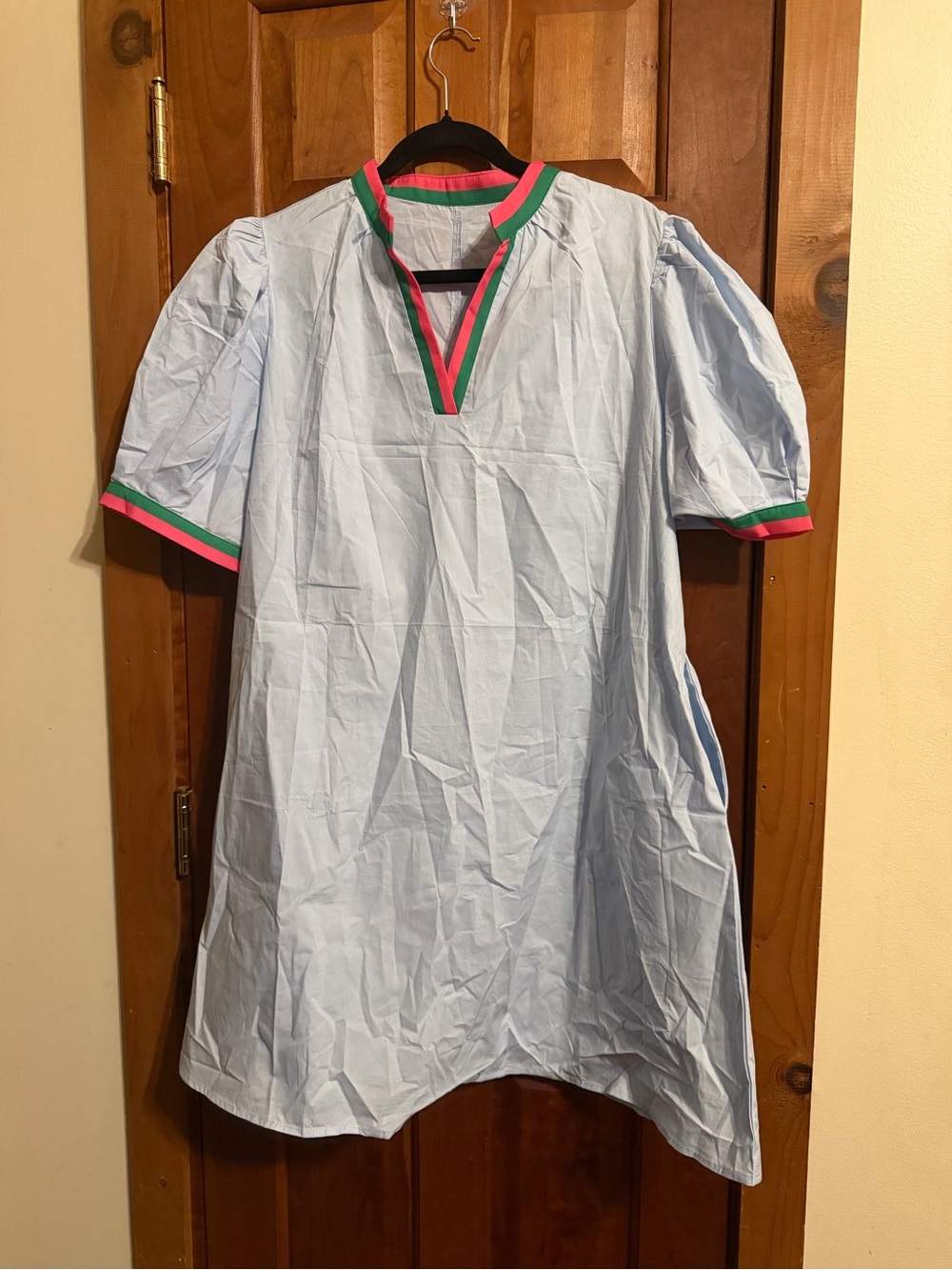 Light Blue Women’s Short-Sleeve Midi Dress with Green & Pink Trim